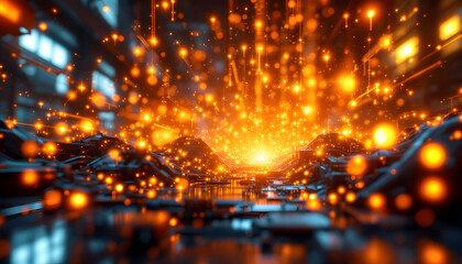 Obraz premium Cyberpunk Digital Landscape: Glowing Orange Particles and Futuristic Architecture