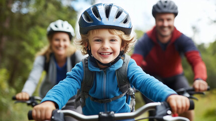 Happy child enjoying a bike ride in the park with family on a sunny day. Generative AI