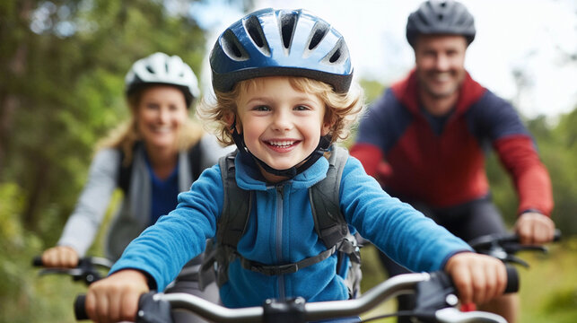Happy child enjoying a bike ride in the park with family on a sunny day. Generative AI