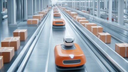 Autonomous robots sorting packages in a high-tech warehouse