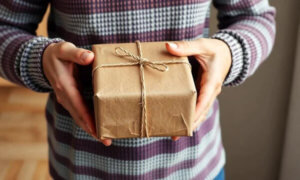 A Gift Wrapped in Brown Paper, Tied with a Twine Bow, Held by a Person
