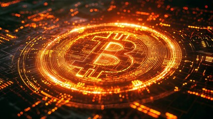 Glowing bitcoin symbol emerging from futuristic circuitry