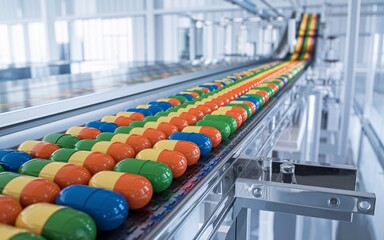 Colorful capsules moving on a production line conveyor belt in a pharmaceutical factory.