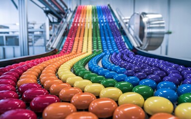 Obraz premium Colorful candies moving on conveyor belt in factory.