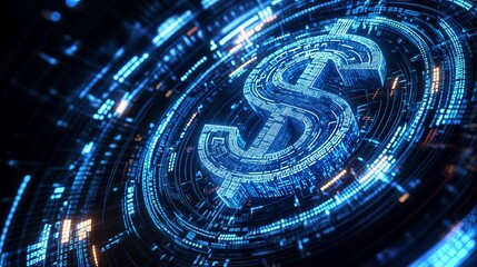 Futuristic dollar sign rotating in digital cyberspace