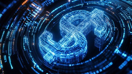 Digital dollar symbol rotating in cyberspace with futuristic hud interface