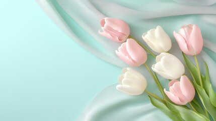 Pastel pink and white tulips on gray fabric with gradient mint background