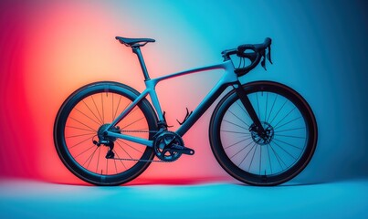 Fototapeta premium Sleek road bike in vibrant red and blue studio lighting.