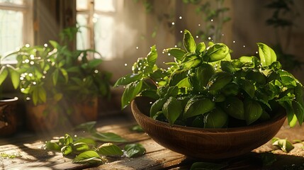 A vibrant still-life scene featuring fresh herbs like basil, parsley, and cilantro in a rustic wooden bowl. The herbs are lush and dewy, showcasing their vivid green color and crisp texture