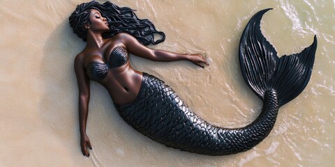friendly black mermaid laying on the beach, full body