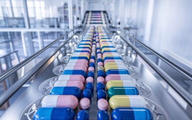 Obraz premium Capsules moving on a conveyor belt in a pharmaceutical factory.