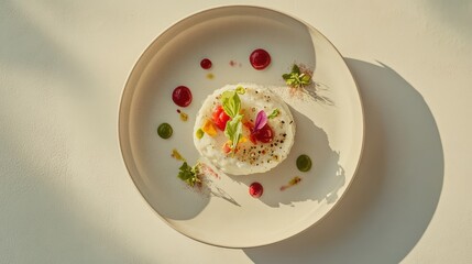 Artisanal dish on minimalist plate with vibrant palette and taupe background