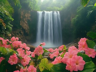 Lush pink flowers frame a majestic waterfall cascading down mossy cliffs in a tropical rainforest.