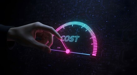Cost optimization gauge showing business expense reduction with futuristic interface for financial management