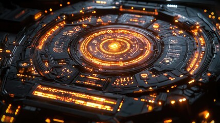 Fototapeta premium Futuristic circular technology interface with glowing orange lights.