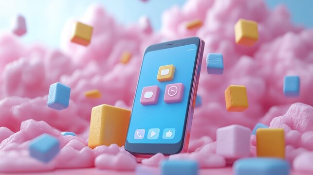 Smartphone with social media icons amidst pastel pink clouds and colorful cubes.