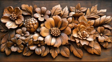 Fototapeta premium Intricate wooden floral carving showcasing nature's beauty in a warm, handcrafted style. Generative AI
