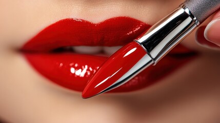 Obraz premium Close-up of glossy red lips with lipstick applicator. Perfect for beauty, cosmetics, and makeup ads or social media posts.