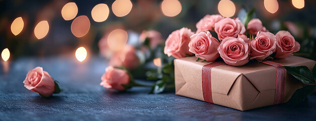 celebration background cover banner, gift box wrapped with pink color ribbon and roses around 
