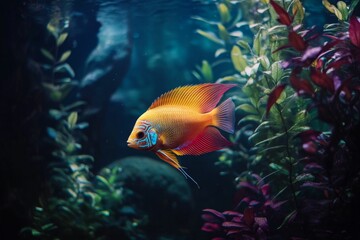 Fototapeta premium Orange fish swims among underwater plants.