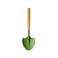 Green shovel with a wooden handle, designed for versatile gardening tasks. Perfect for both professional landscapers and home gardeners. Isolated on transparent background, png.
