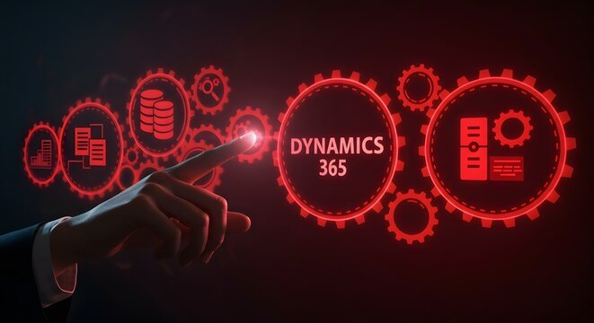Dynamics 365 integration system with glowing red elements emphasizing modern business management and data-driven workflow in seamless digital environment with advanced process optimization
