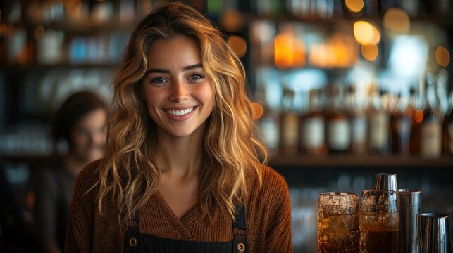 Smiling young woman bartender at a bar.