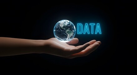 Digital transformation concept with glowing earth hologram representing global data management in futuristic style with open hand under artificial intelligence technology theme