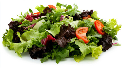 A vibrant mix of fresh salad greens and ripe tomatoes is artfully piled together, showcasing a healthy option for meal planning or side dishes