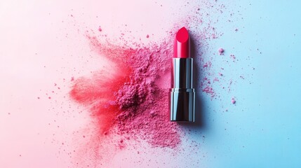 Pink lipstick exploding against a gradient background, creating a stunning display of vibrant color and rich texture, perfectly suited for beauty and makeup concepts