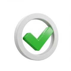 A green check mark in a circle 3D render icon isolated on white background