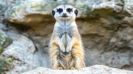 Fototapeta premium Meerkat Standing on Rock Formation in Natural Setting