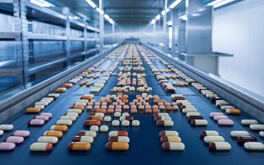 Fototapeta premium Capsules moving on conveyor belt in pharmaceutical factory.