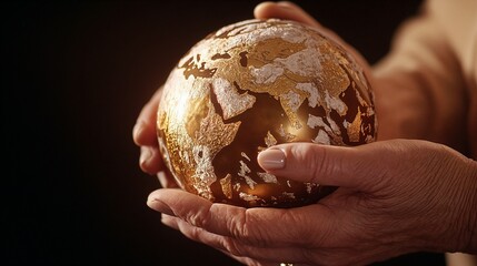  Elderly hands holding golden textured globe.