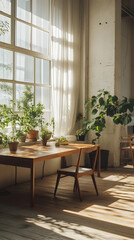 A minimalist workspace features a wooden table surrounded by various potted plants and sunlit windows, creating a serene and inviting atmosphere