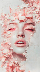 Fototapeta premium A modern art composition featuring a serene young woman with pale skin and closed eyes adorned with delicate pink flowers, evoking tranquility and beauty