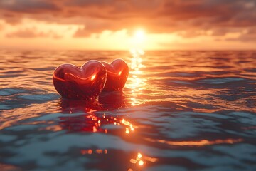 Fototapeta premium Romantic Sunset with Two Hearts Floating on Ocean Waves
