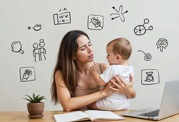 Tired young mother with a baby in her arms is trying to get a lot of things done.
