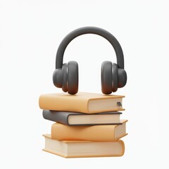 3d icon of stack of books and headphone isolated on white background