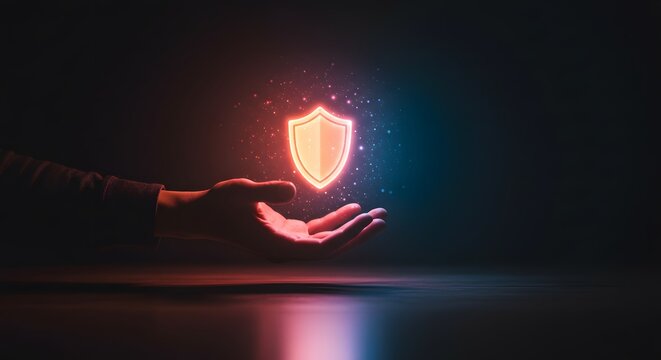 Hand holding glowing red shield symbol for enhanced cybersecurity defense and modern digital security technology against cyber threats in abstract futuristic style
