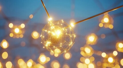 A glowing geometric sphere connected by golden rods suggests network connectivity or data flow. Ideal for technology or innovation visuals.