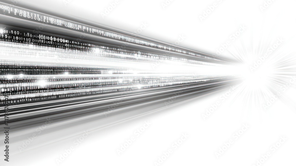 Poster abstract black and white binary code streams converging towards a bright light. ideal for tech prese