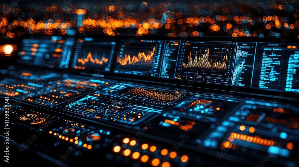 Poster futuristic control panel with glowing displays showing data graphs and charts at night.