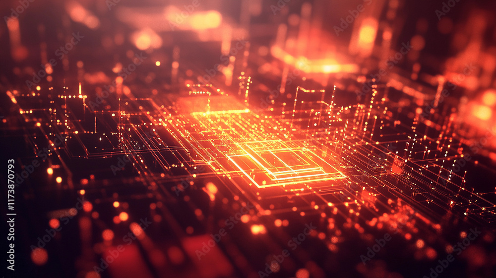 Poster exploring security and encryption symbols in digital technology landscape. generative ai