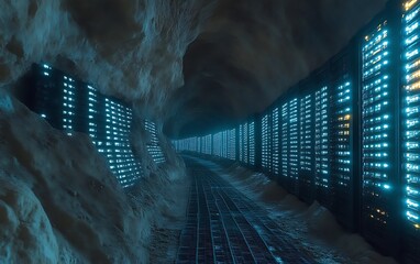 Underground data center in snowy cave.