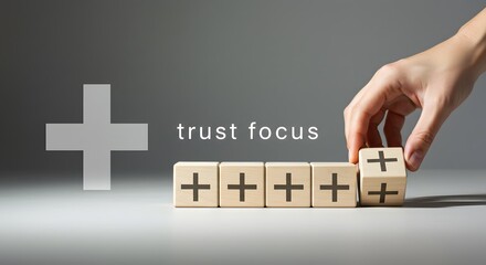 Trust building and focus enhancement concept featuring symbolic wooden blocks in a balanced minimalist design for team collaboration and mutual benefit representation