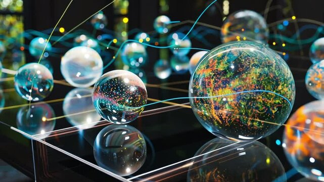 Transparent and colorful spheres hover and interact in a mesmerizing multidimensional environment.