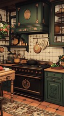 A cozy kitchen featuring green cabinetry, vintage decor, and rustic furnishings.