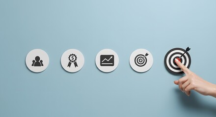 Business icons aligning for finance, growth, and target achievement showing hand selecting dartboard for focus and goal strategy on clean blue background
