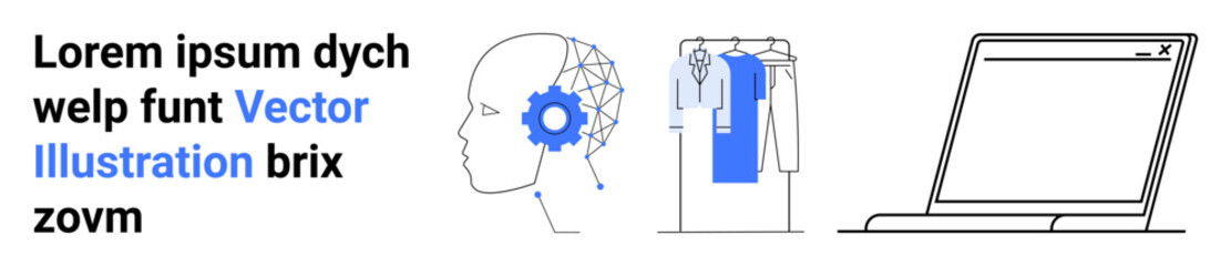 Obraz premium Human head with gears, hanger with clothes, and laptop screen displaying blue elements. Ideal for technology, fashion, innovation, digital transformation, mind clothing industry internet. Landing